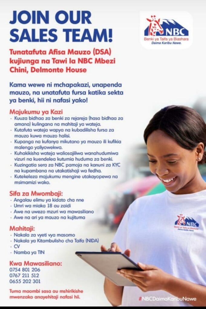 60 Direct Sales Agents Recruitment at NBC Mbezi Chini Branch, Delmonte House March-April 2026
