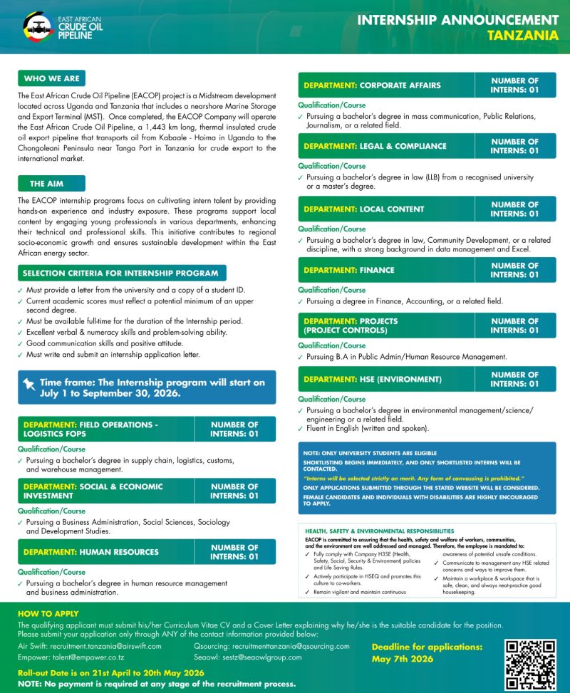 Internship Announcement: East African Crude Oil Pipeline (EACOP) – Tanzania