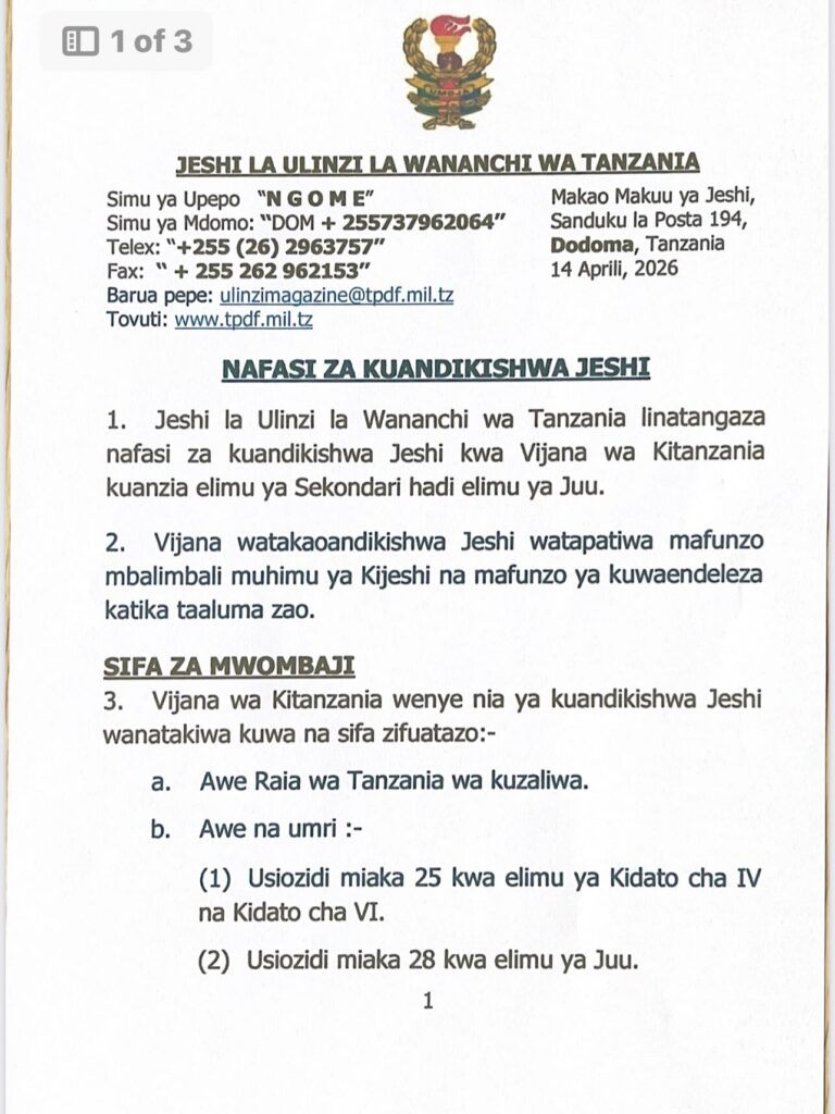 JWTZ – Nafasi za Kuandikishwa Jeshi – Tanzania People’s Defence Force April 2026