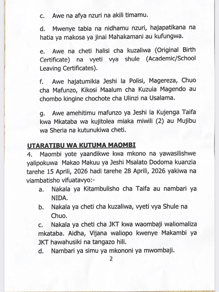 JWTZ – Nafasi za Kuandikishwa Jeshi – Tanzania People’s Defence Force April 2026