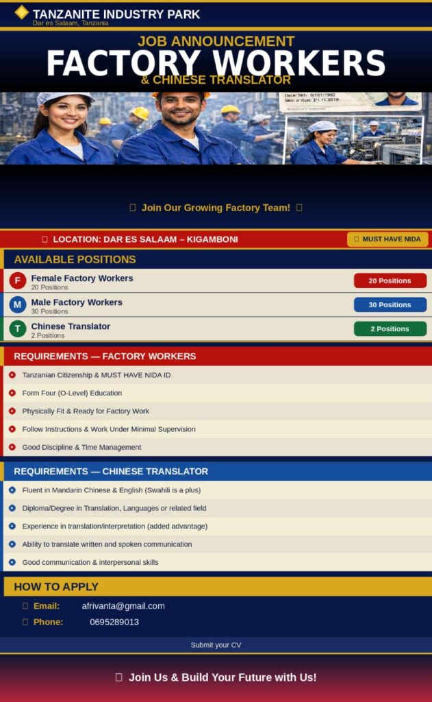 50 Factory Workers & 2 Chinese Translators at Tanzanite Industry Park, Dar es Salaam April 2026